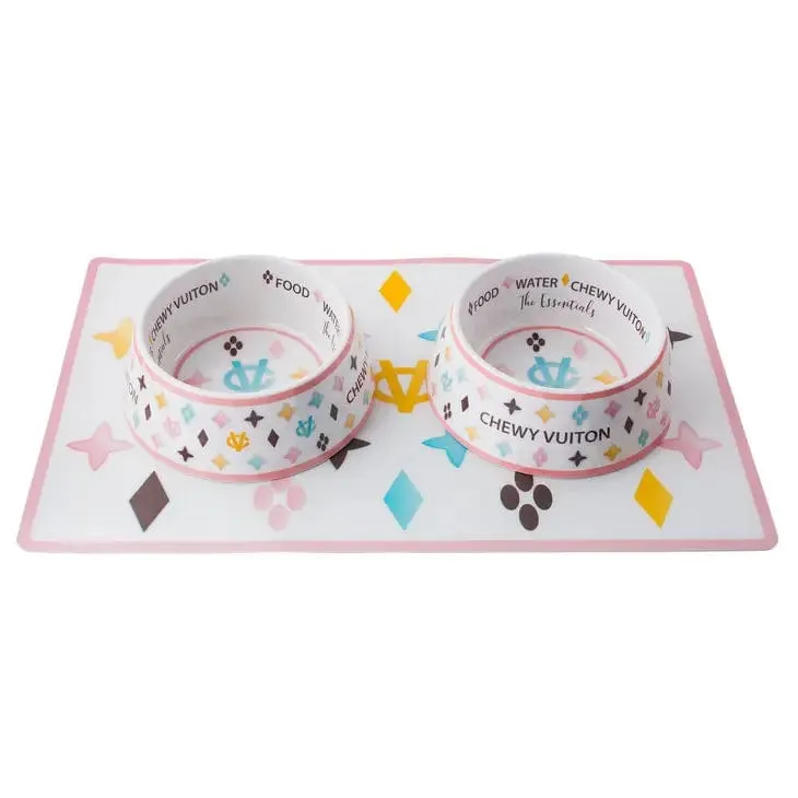 Chewy Vuiton Bowls & Placemat Set Classic Checker or White with Pastels