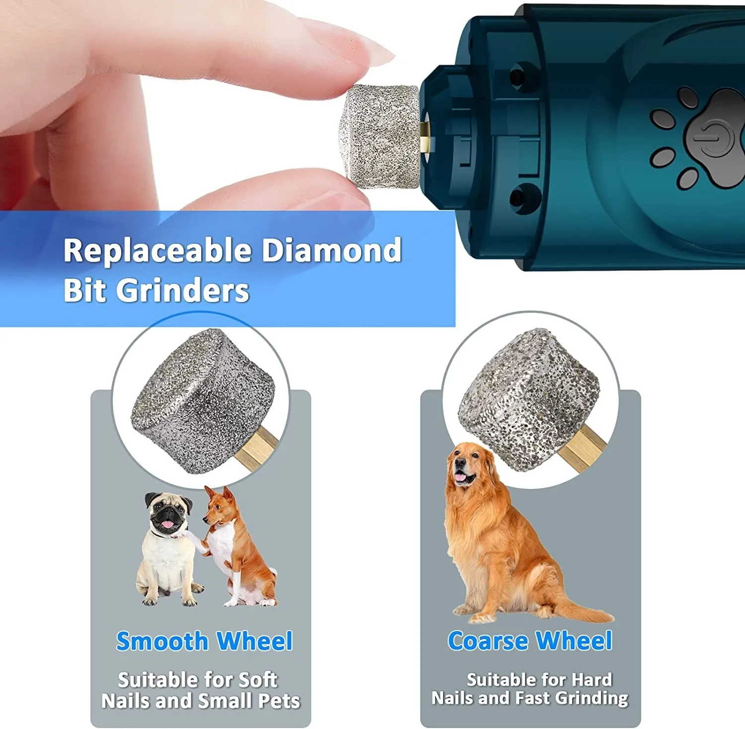 YABIFE Dog Nail Grinder, Dog Nail Trimmers and Clippers Kit, Super Quiet Electric Pet Nail Grinder, Rechargeable, for Small Large Dogs & Cats Toenail & Claw Grooming,3 Speeds, 2 Grinding Wheels